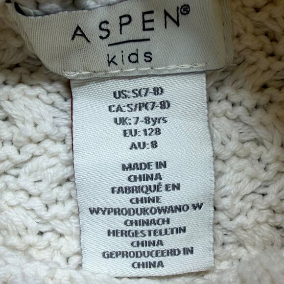 Aspen Kids Cream Knit Poncho Sweater Sz 7–8 Faux Fur Trim Button Side Turtleneck - Picture 2 of 8